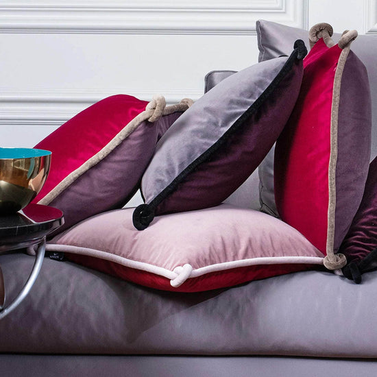 Plum & Grey Double-sided Velvet Cushion with Black Knotted Piping