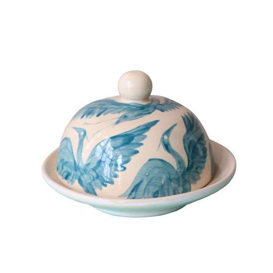 Herons Hand Painted Round Butterdish - Teal