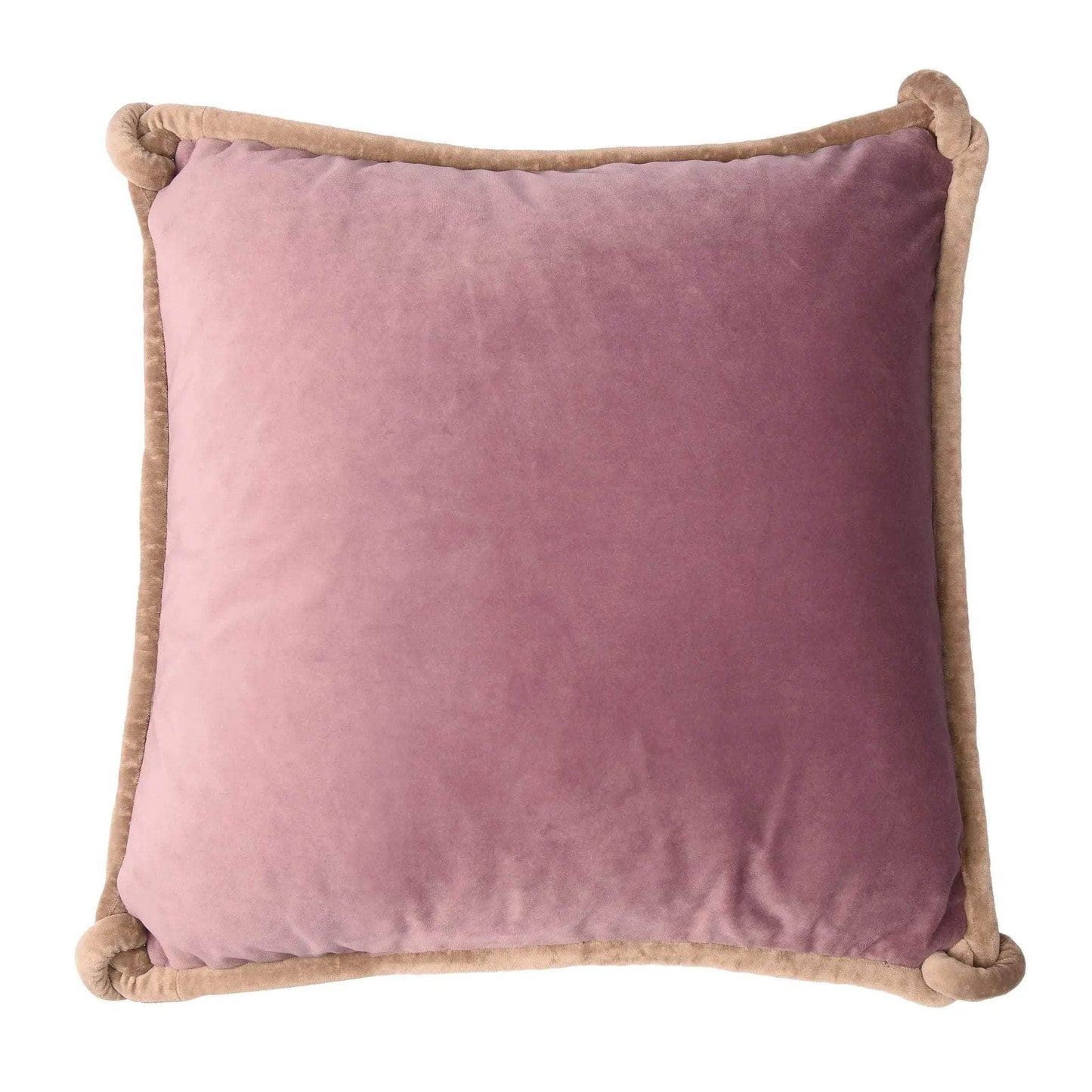 Raspberry & Lilac Double-Sided Velvet Cushion with Taupe Knotted Piping