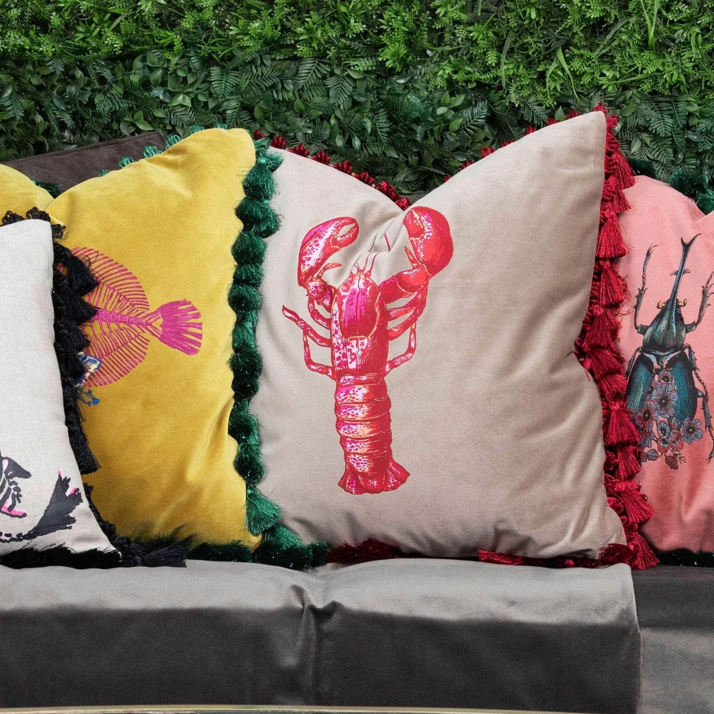 Velvet Lobster Print Langosta Taupe Cushion With Tassels
