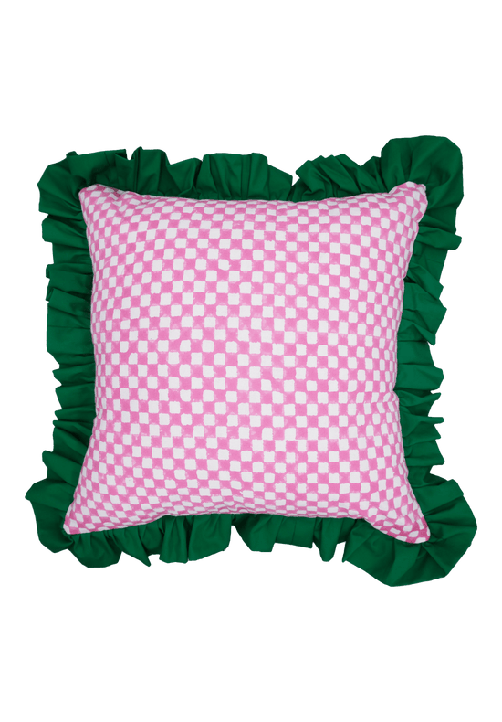 Pink And White Checkerboard Green Ruffle Cushion