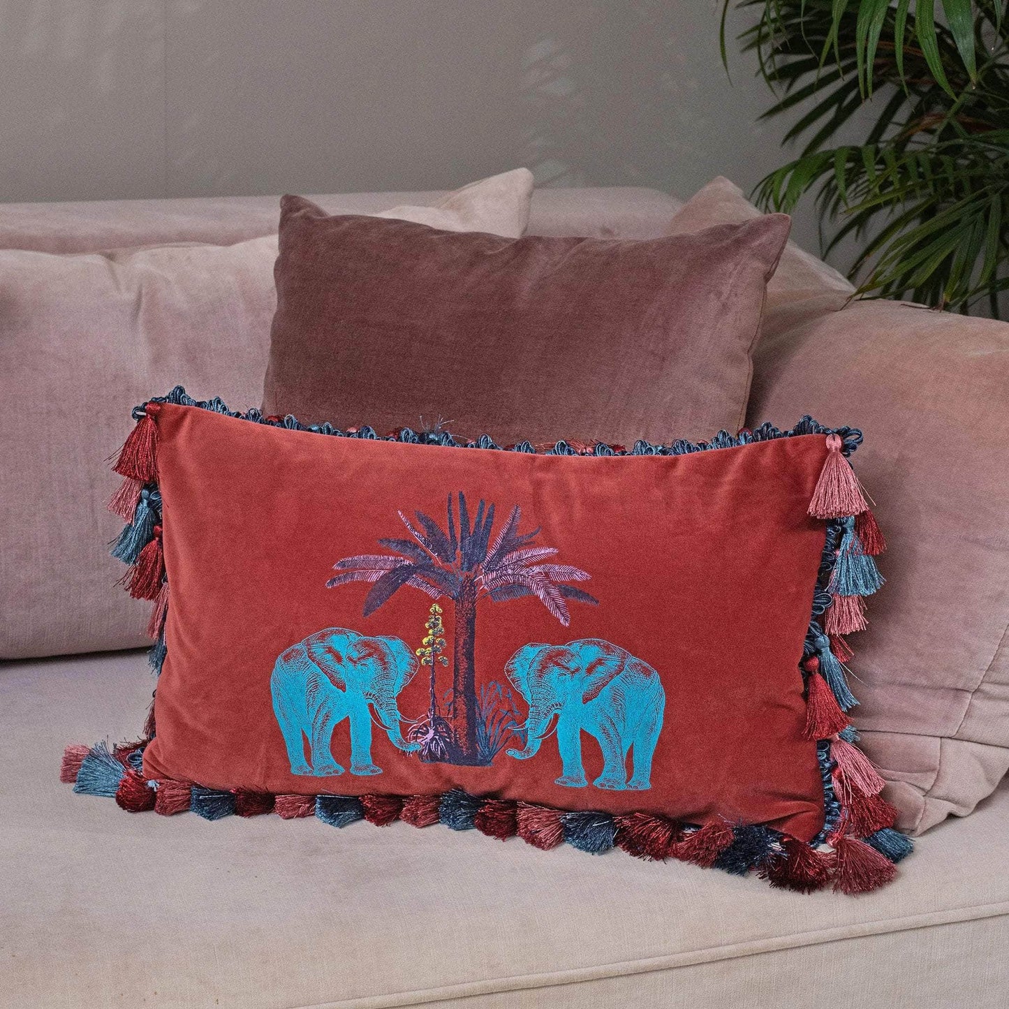 Velvet Malabar Elephant Print Peach Cushion with Tassels