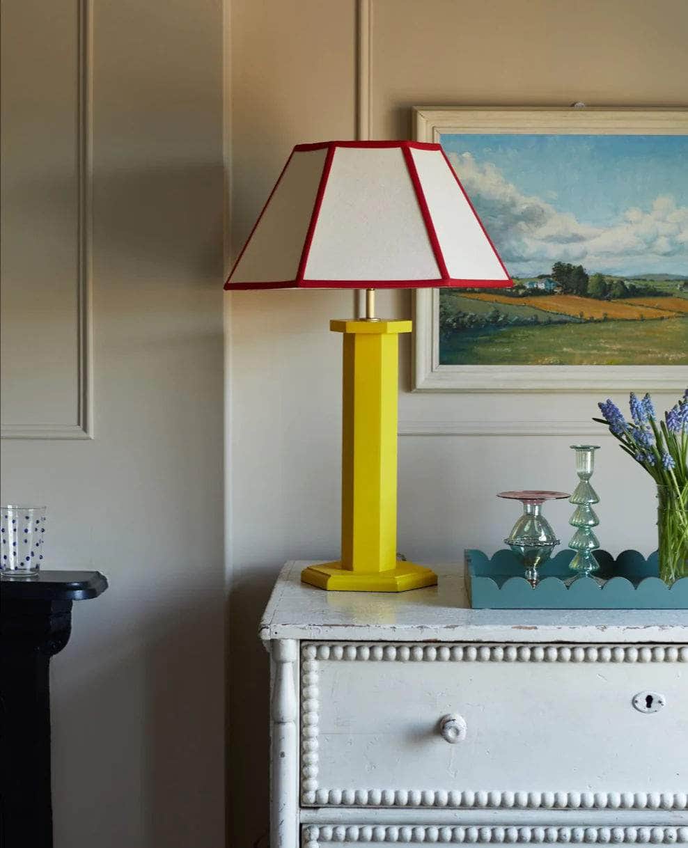 Hexagon Linen Lampshade, Red Trim - Medium