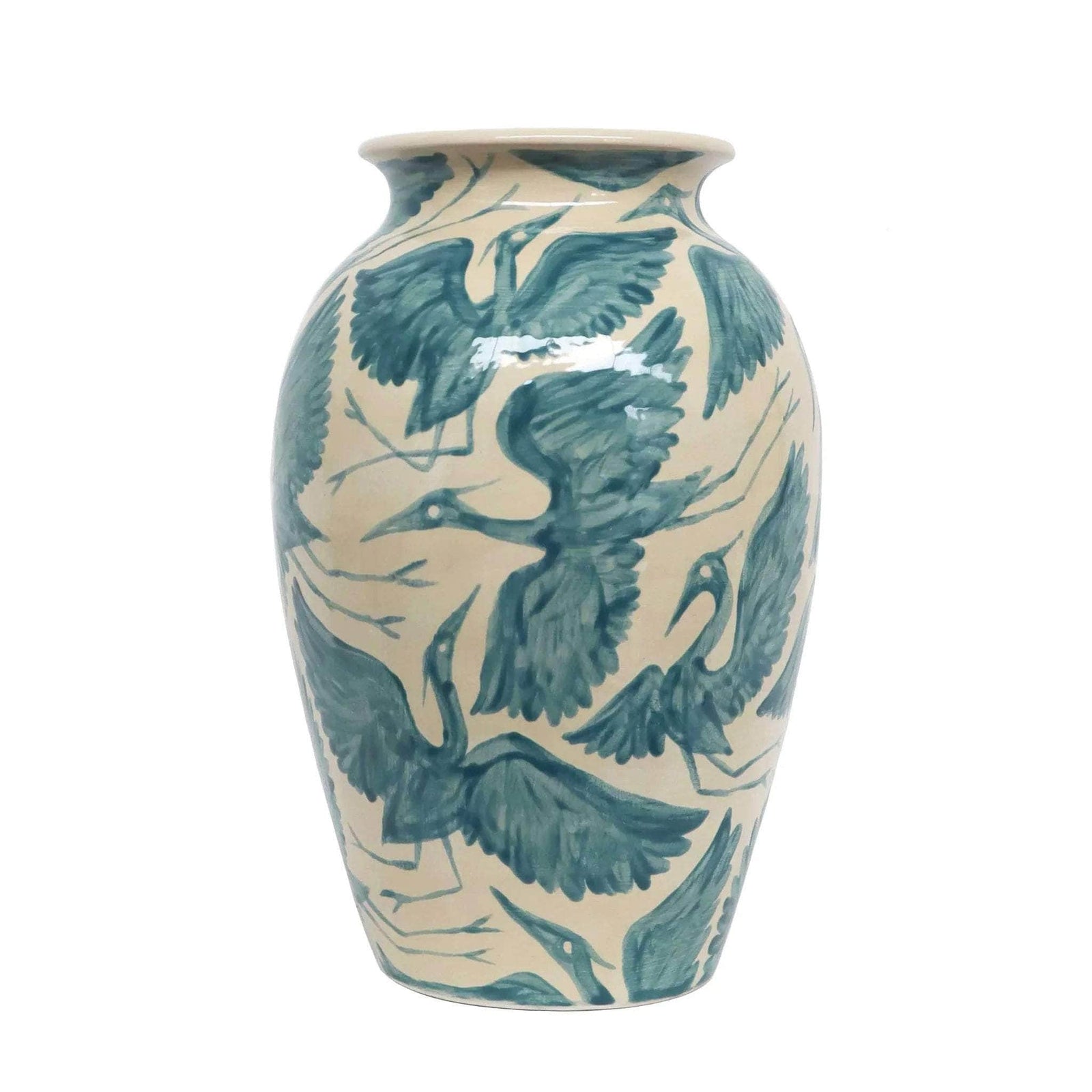 Hand Painted Teal Herons Vase - Large