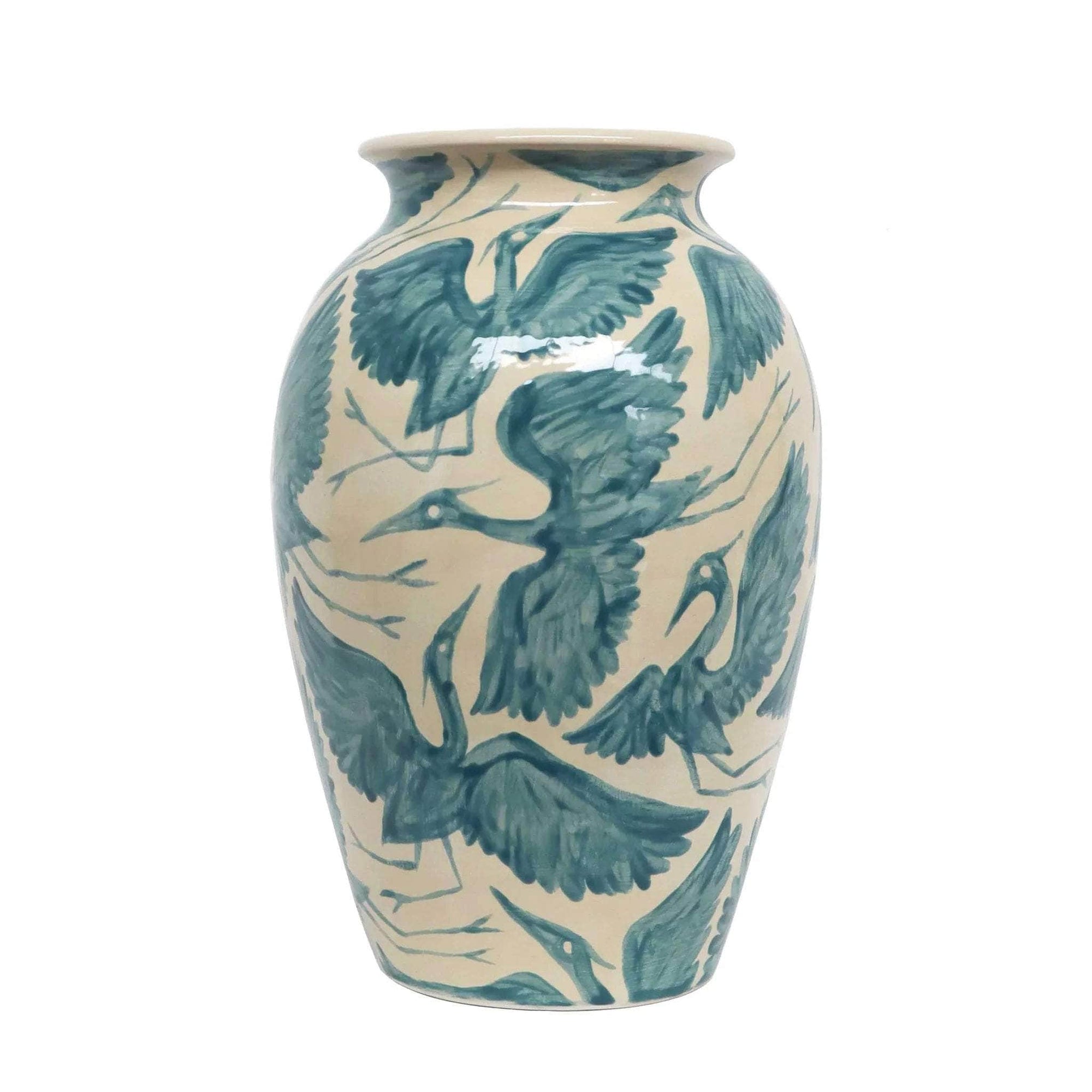 Hand Painted Teal Herons Vase - Large
