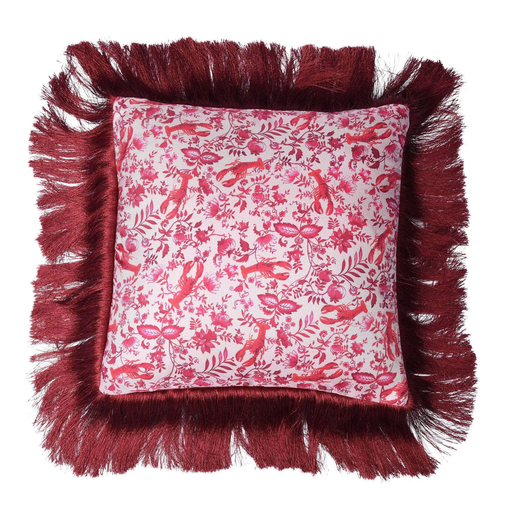 Mulberry silk twill and velvet red lobster-print cushion with fringes
