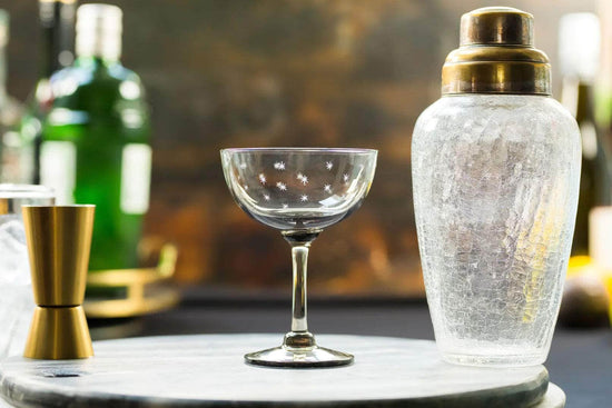 Load image into Gallery viewer, Smoky Crystal Champagne Saucers with stars design
