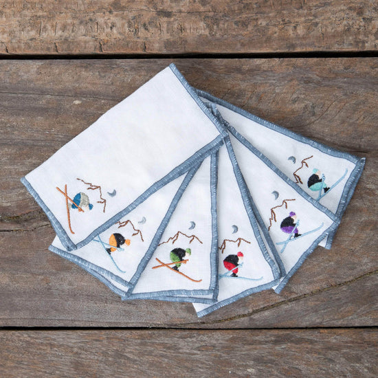 Ski Themed Linen Cocktail Napkins | Set of 6