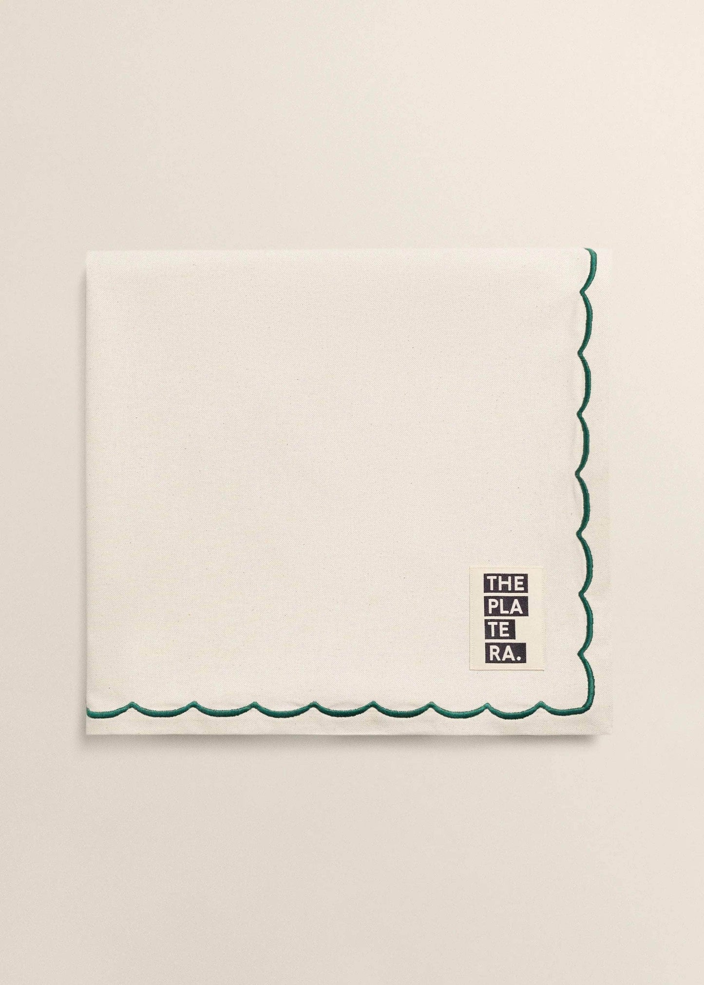 Cotton Beige Tablecloth with Green Embroidery