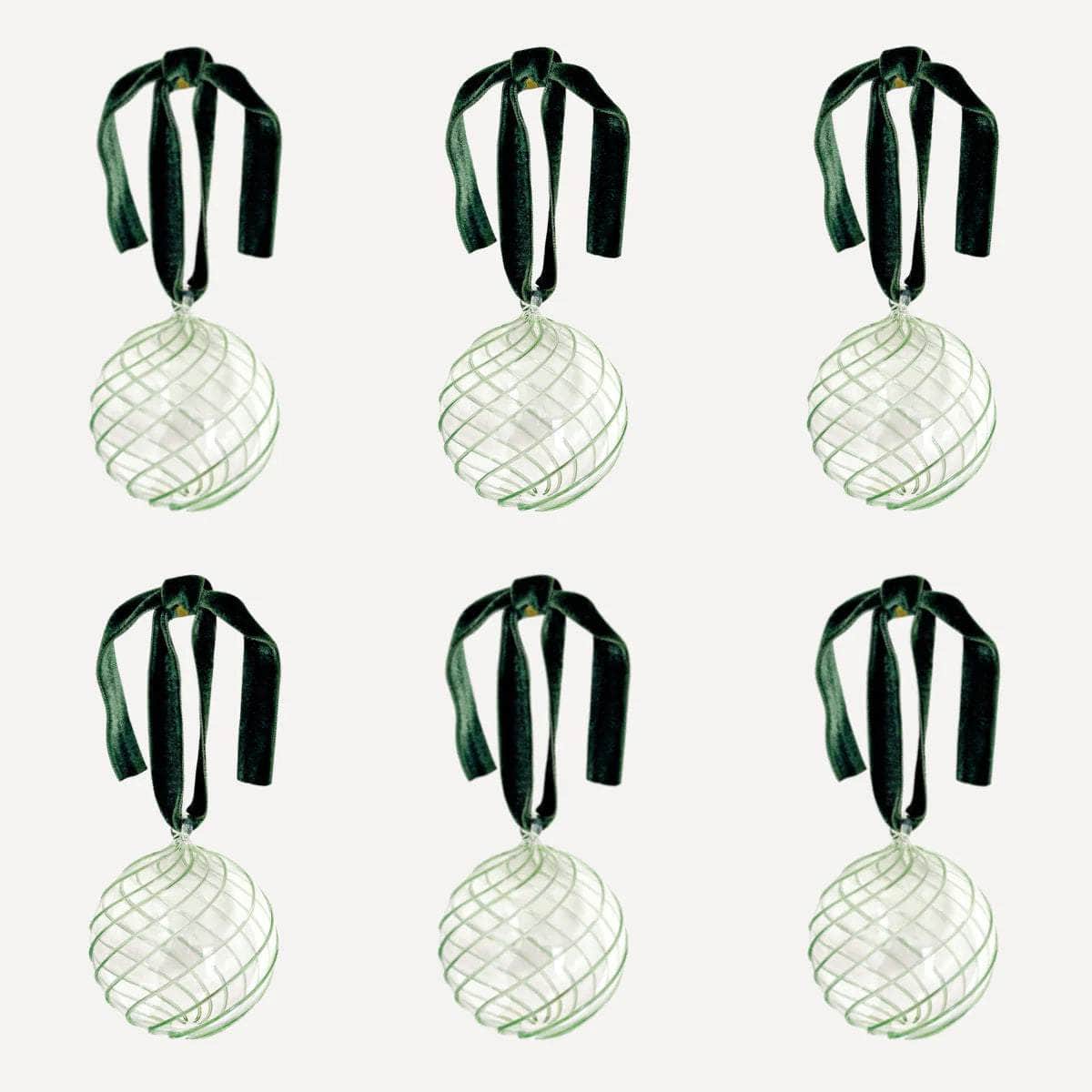Box of Six Swirl Glass Baubles - Green