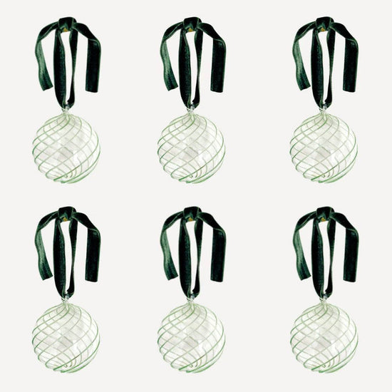 Box of Six Swirl Glass Baubles - Green