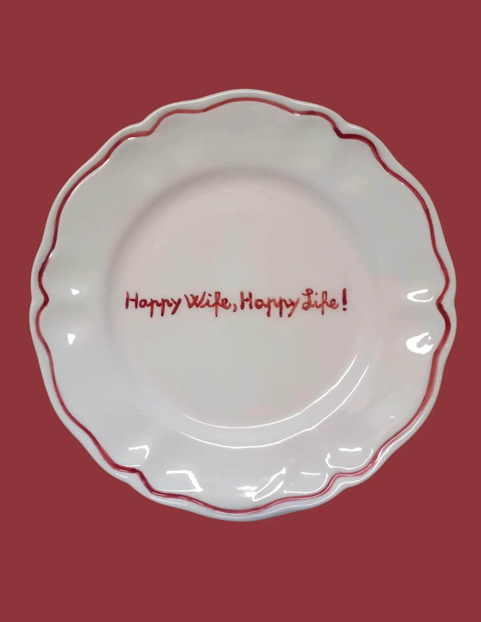 Sveva's Home Ceramic "Happy Wife, Happy Life! " Scalloped Plate Set Of 4