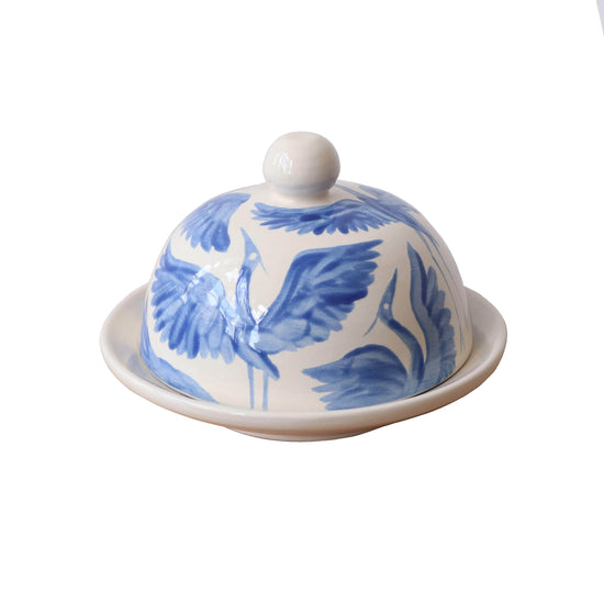 Herons Hand Painted Round Butterdish - Royal Blue