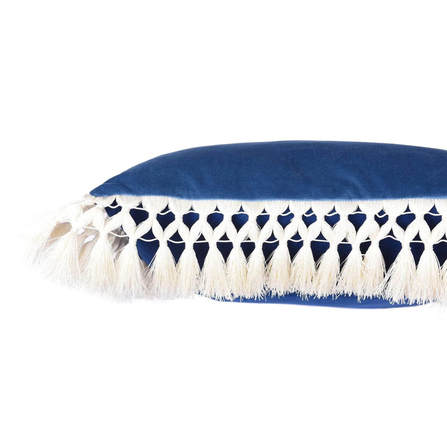 Indigo & Pale Blue Oriental Velvet Cushion with Ivory Fringe