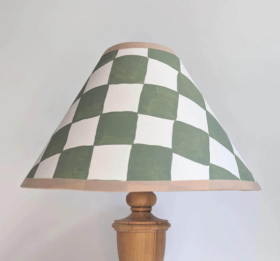 Green & Cream Checkerboard Hand Painted Coolie Lampshade