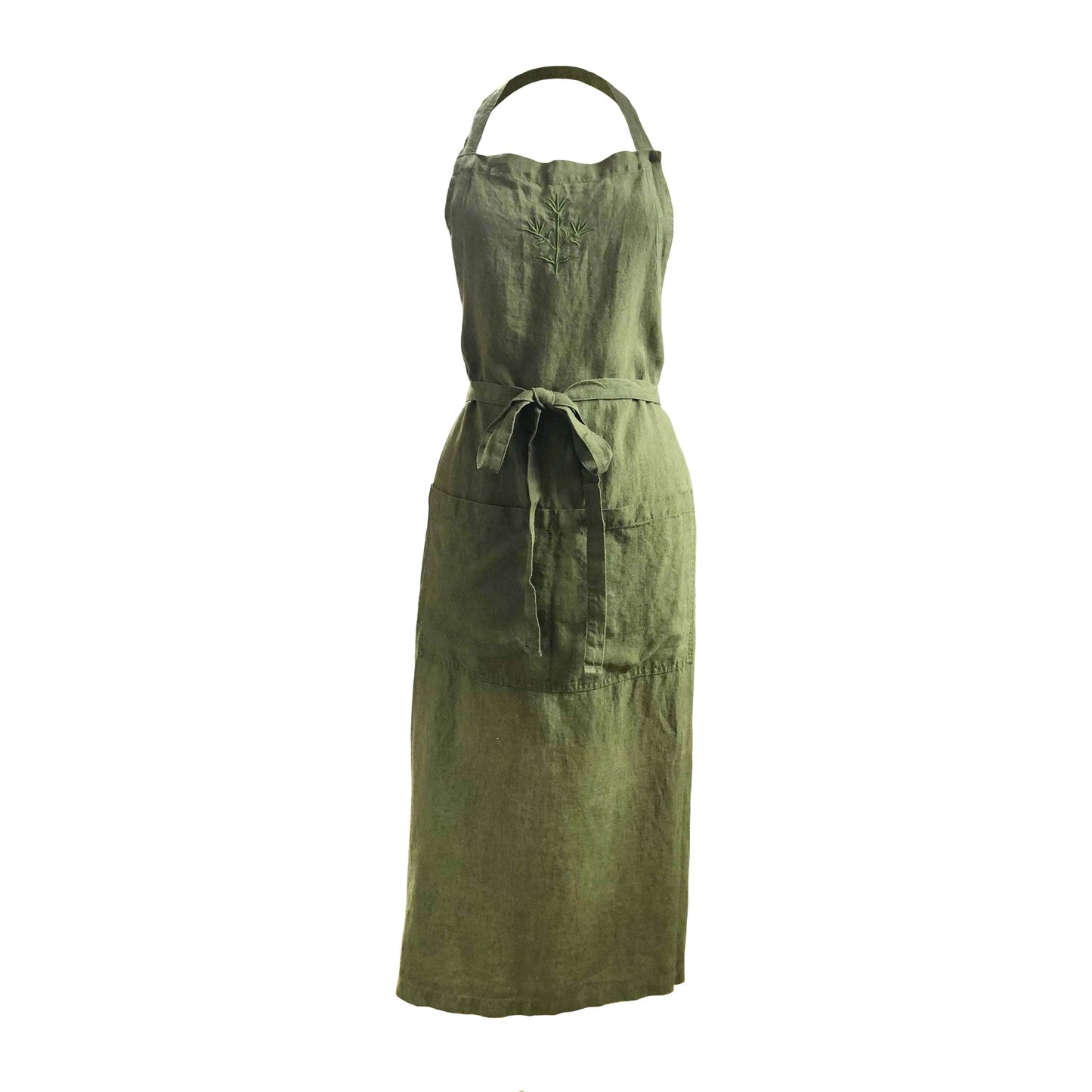 Dark Green Embroidered Linen Apron