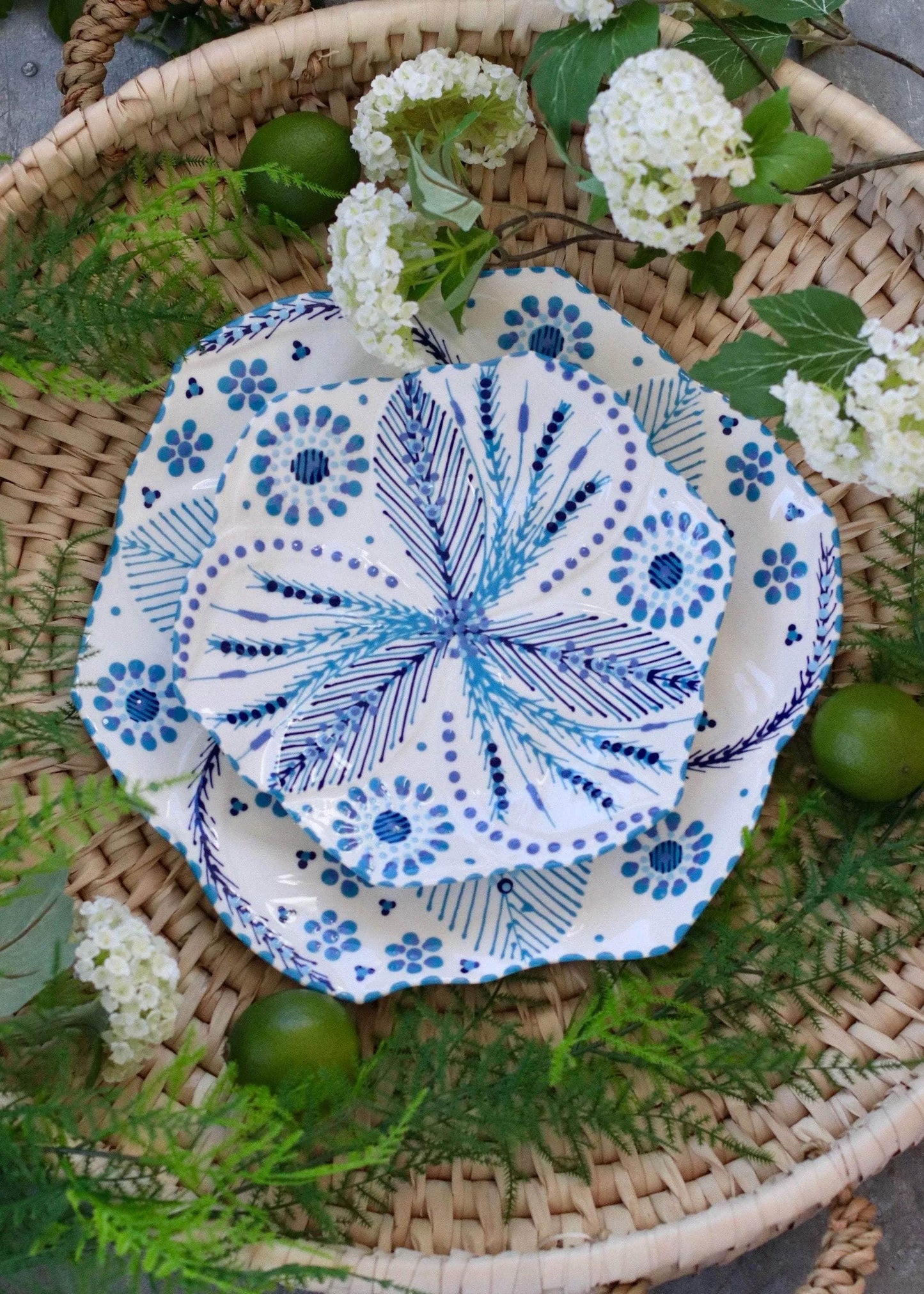 Set of 4 Side Plates OR Dinner Tulip Plates -  White and Blue