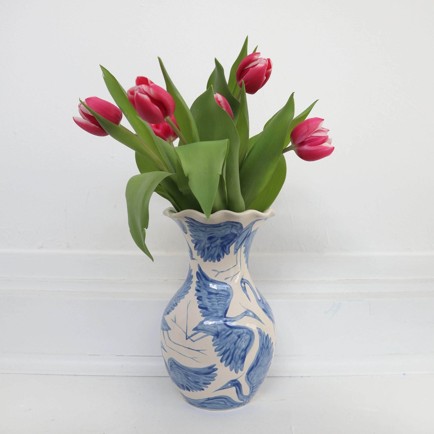 Herons Hand Painted Scalloped Vase - Blue