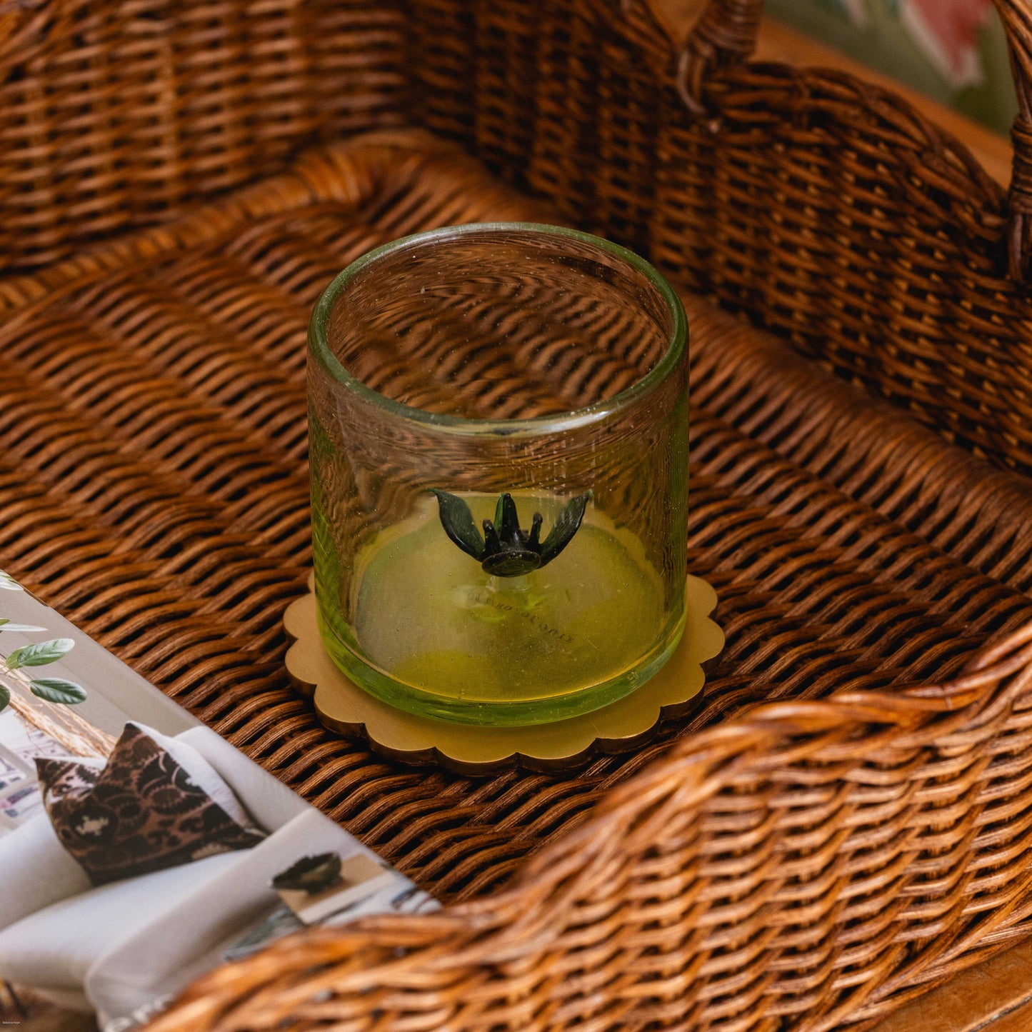 Scalloped Brass Coaster in Rattan Holder, Set of Four