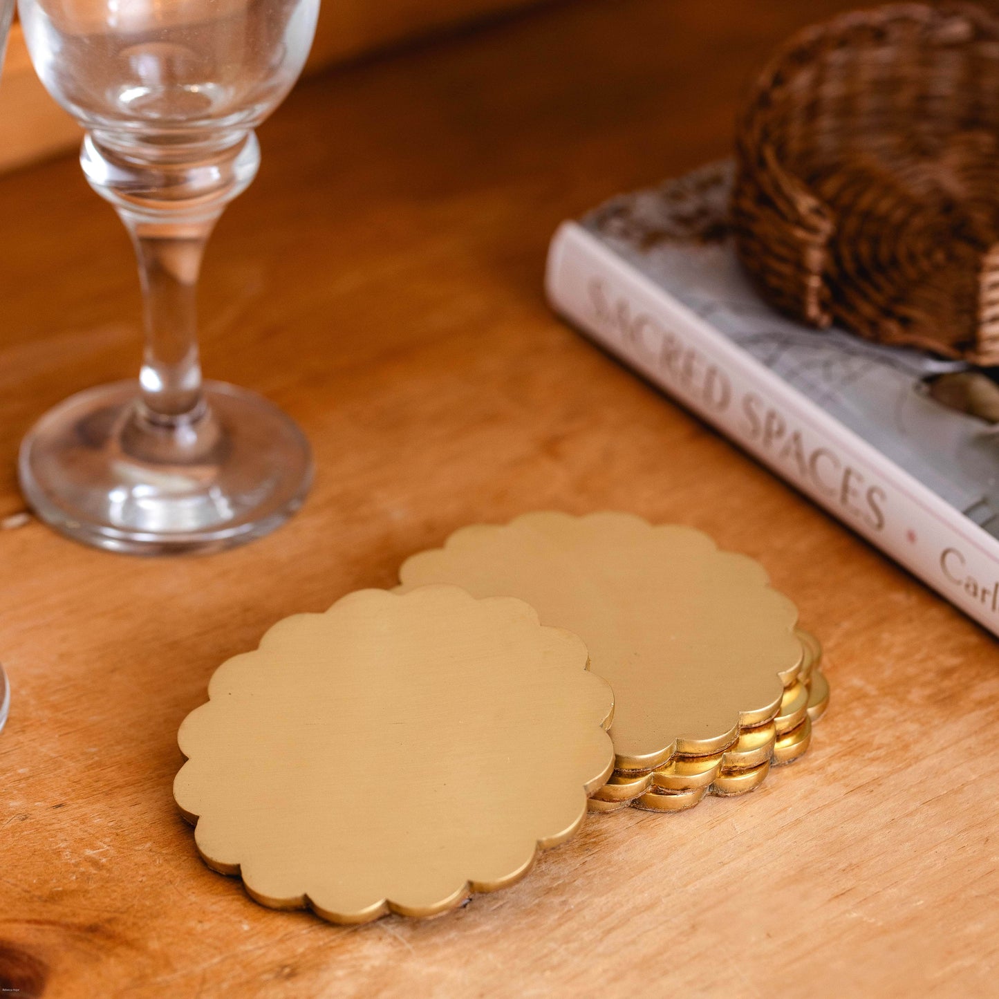 Scalloped Brass Coaster in Rattan Holder, Set of Four