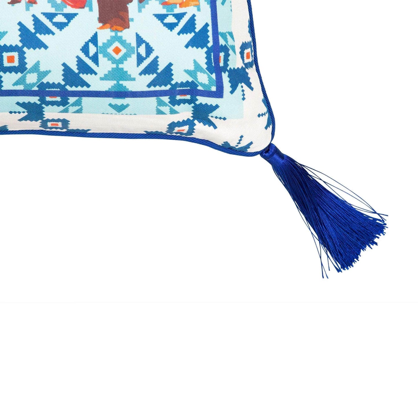 Load image into Gallery viewer, Silk Twill and Velvet Blue Graphic Print Tasselled Cushion
