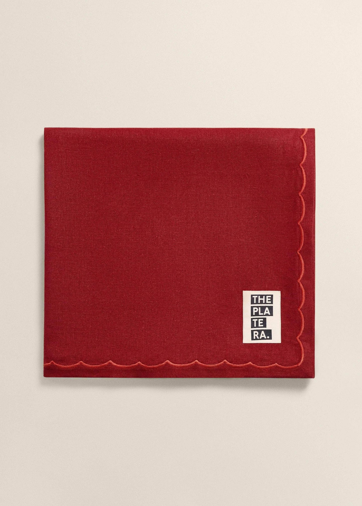 Red Linen Tablecloth with Terracotta Embroidery