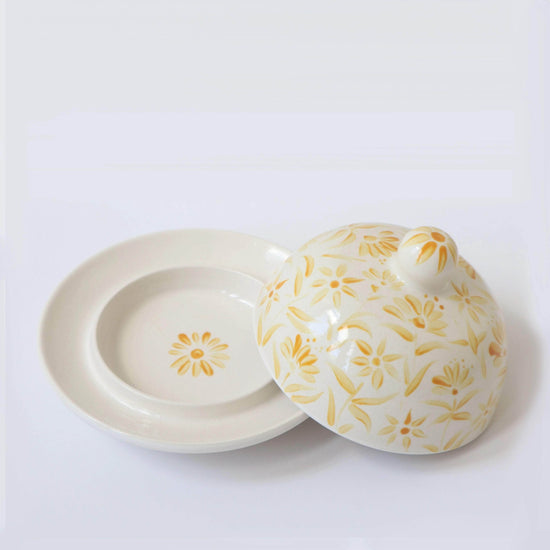 'Sunburst' Hand Painted Floral Round Butter Jam Dish - Yellow