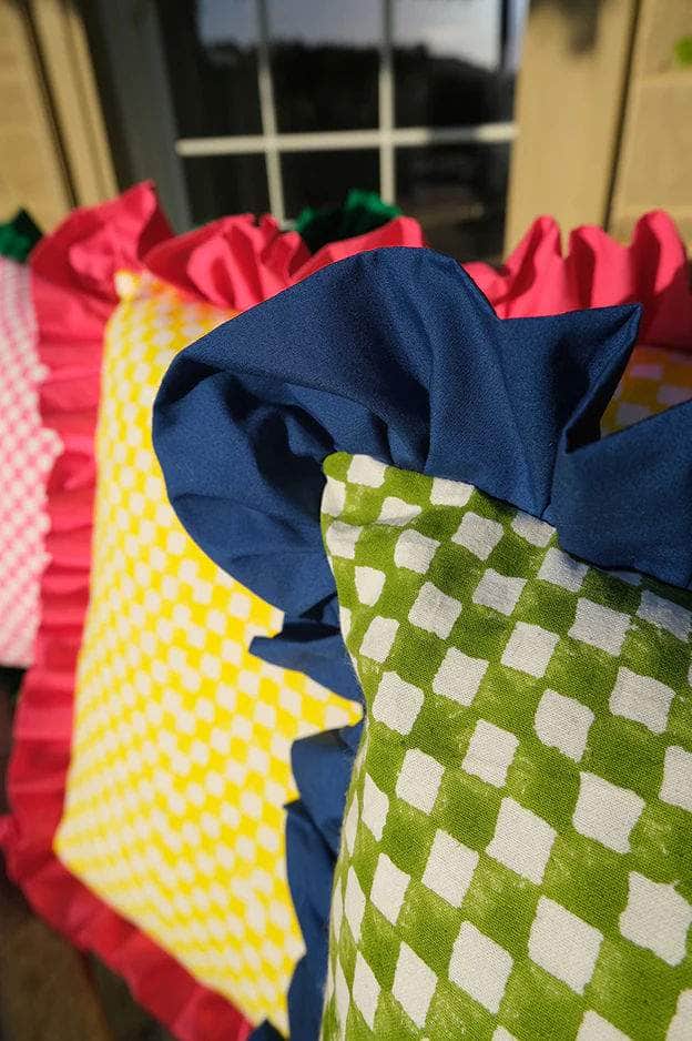 Green and White Checkerboard with Ruffle Detail Cushion | Rectangle