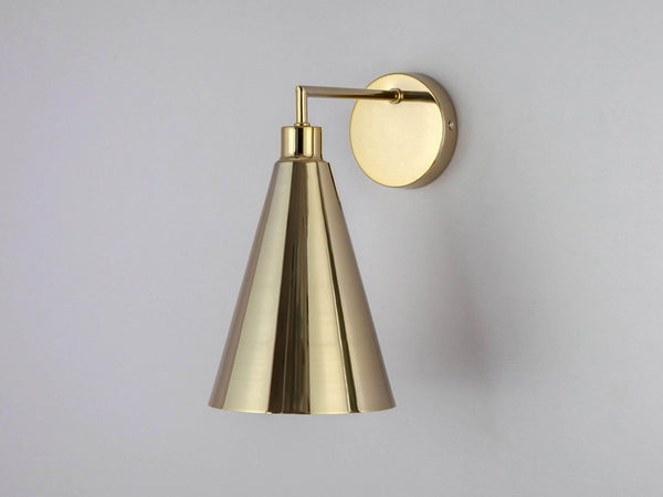 Brass cone shade wall light
