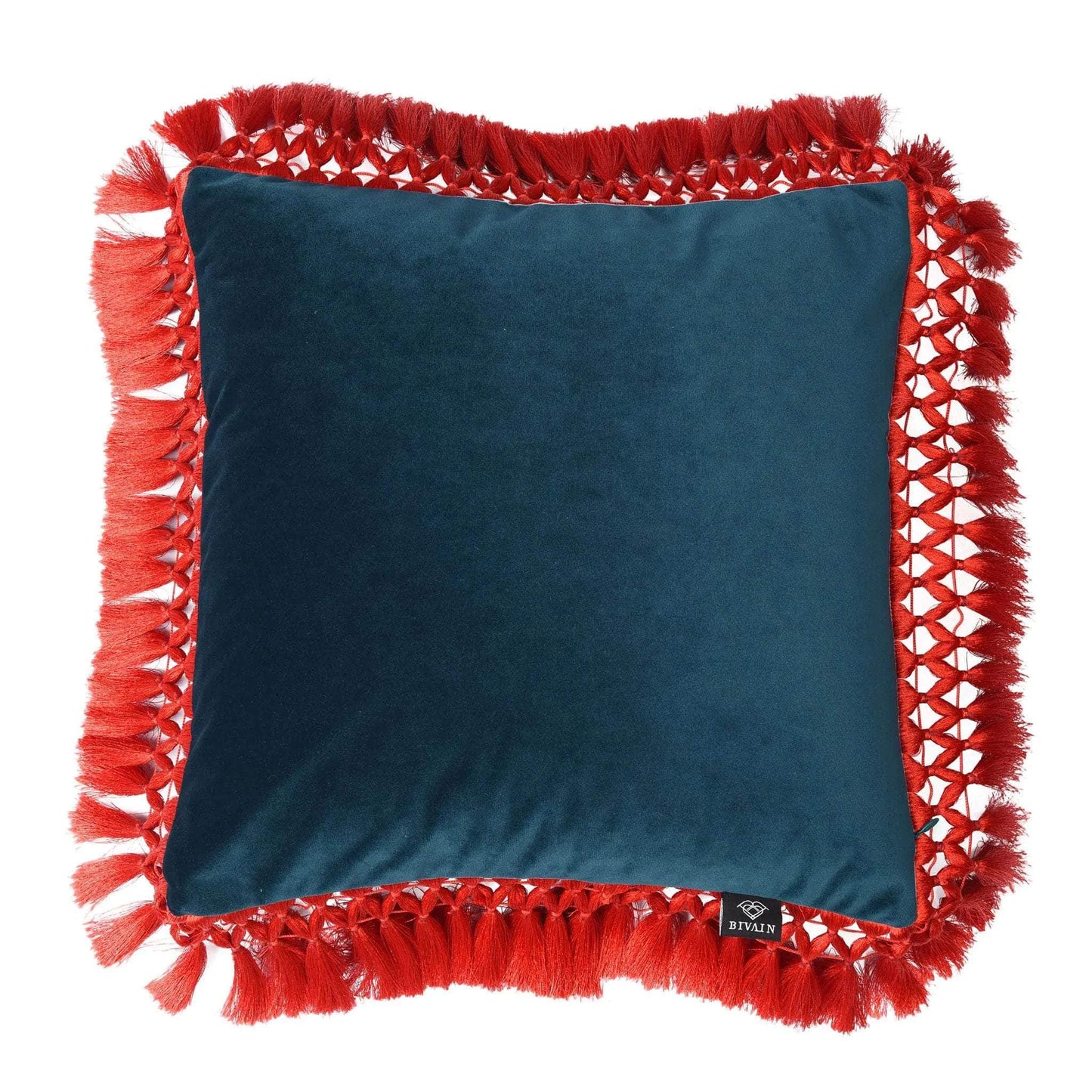 Teal & Turquoise Oriental Velvet Cushion with Coral Fringe