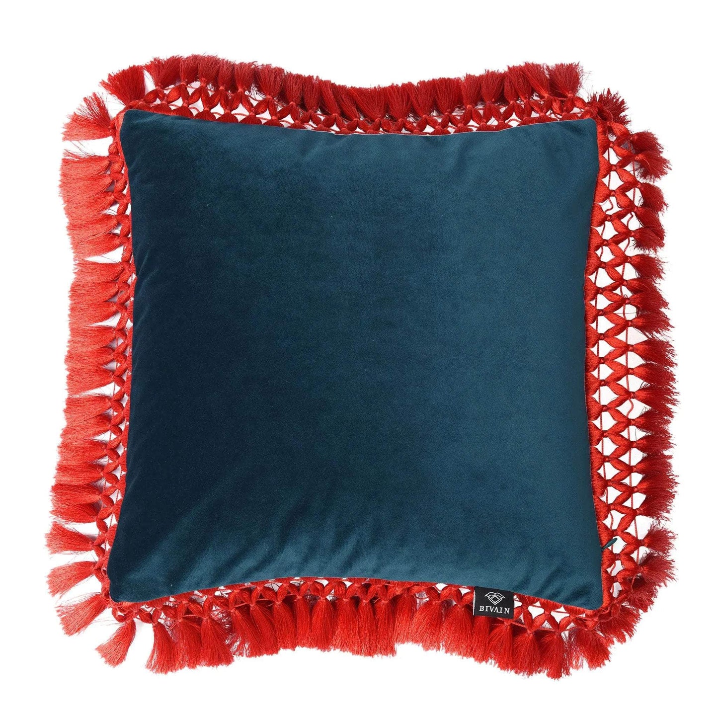 Load image into Gallery viewer, Teal &amp;amp; Turquoise Oriental Velvet Cushion with Coral Fringe
