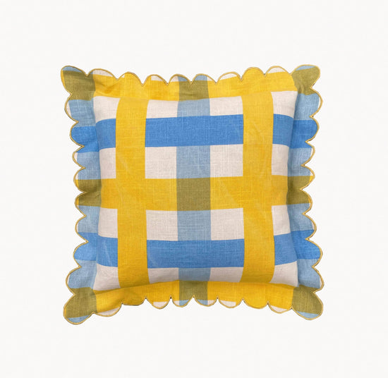 Outdoor Lemon & Azure Check Scallop Cushion Cover