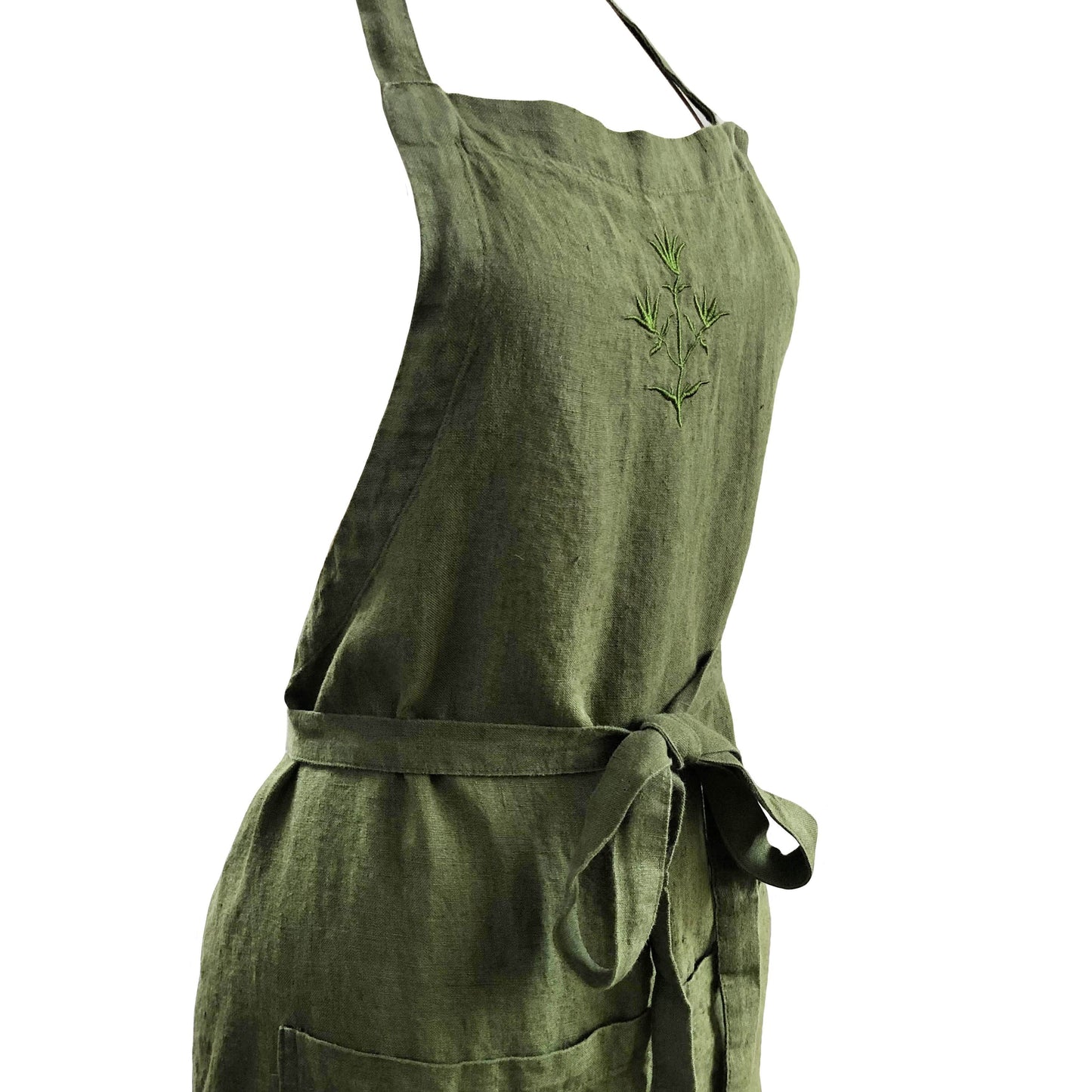 Dark Green Embroidered Linen Apron