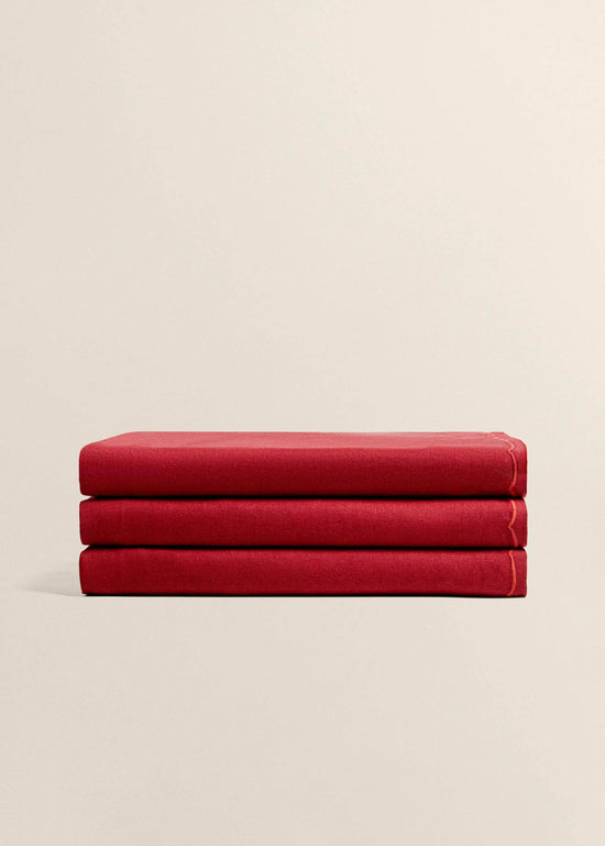 Red Linen Tablecloth with Terracotta Embroidery