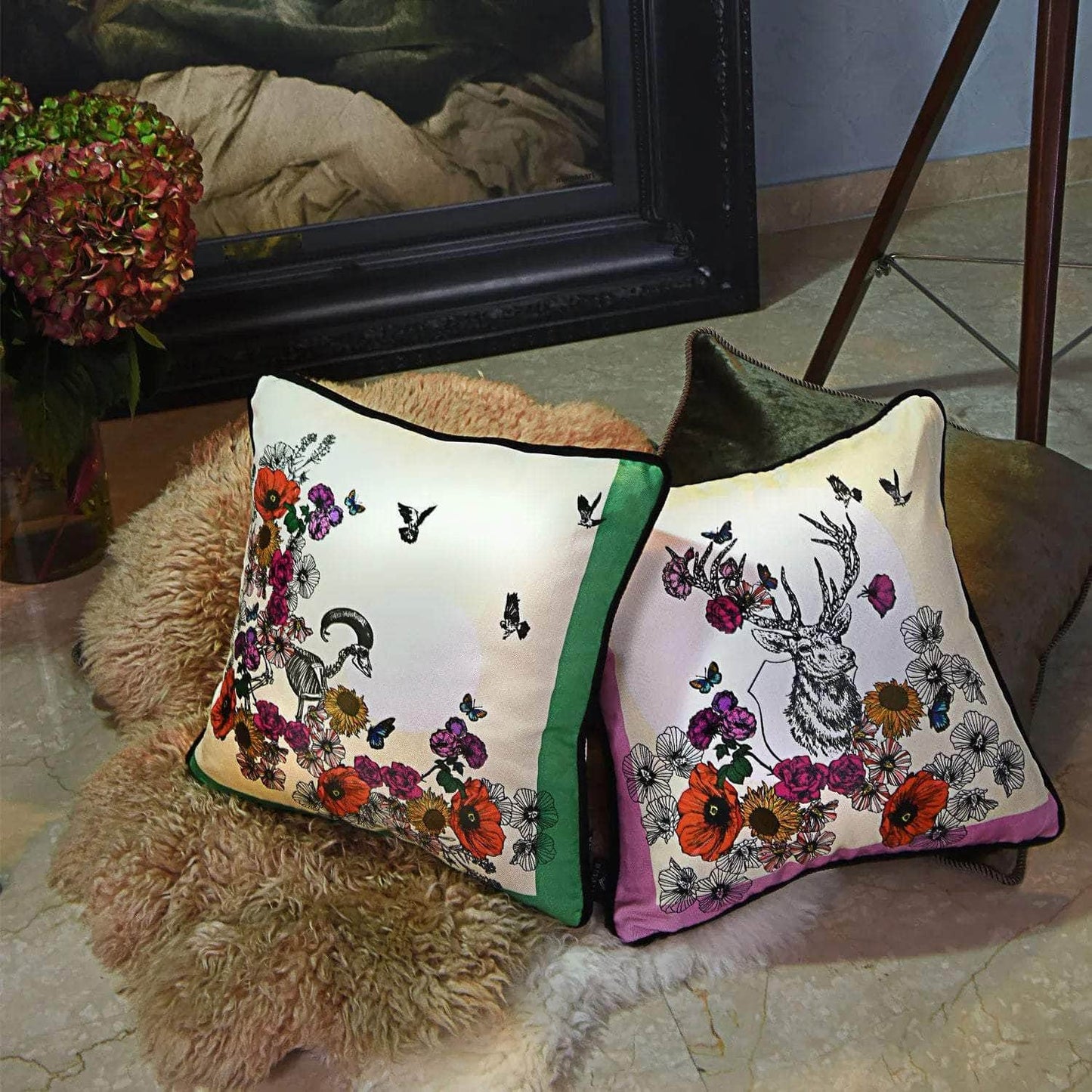 Silk Twill and Velvet Ram Floral Print Cushion