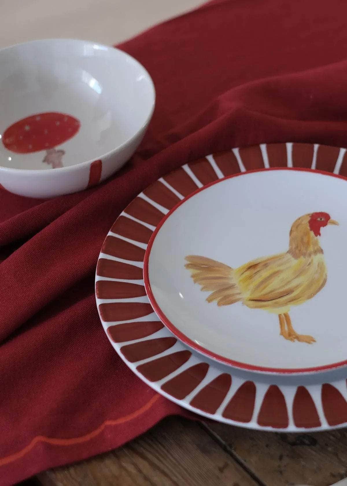 Red Linen Tablecloth with Terracotta Embroidery