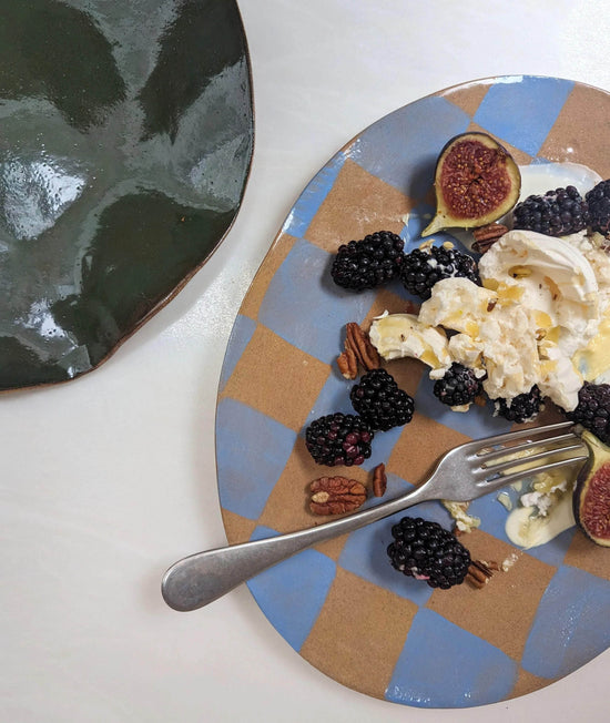 Blue Check Oval Serving Platter