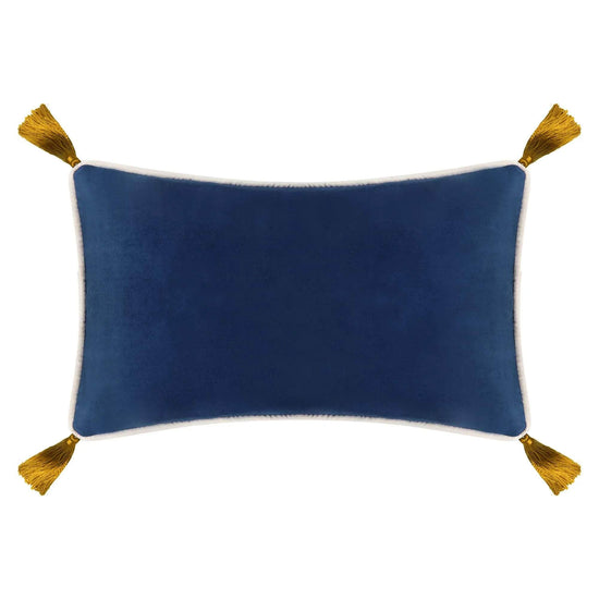 Navy Blue Velvet Rectangular Cushion with Ochre Tassels