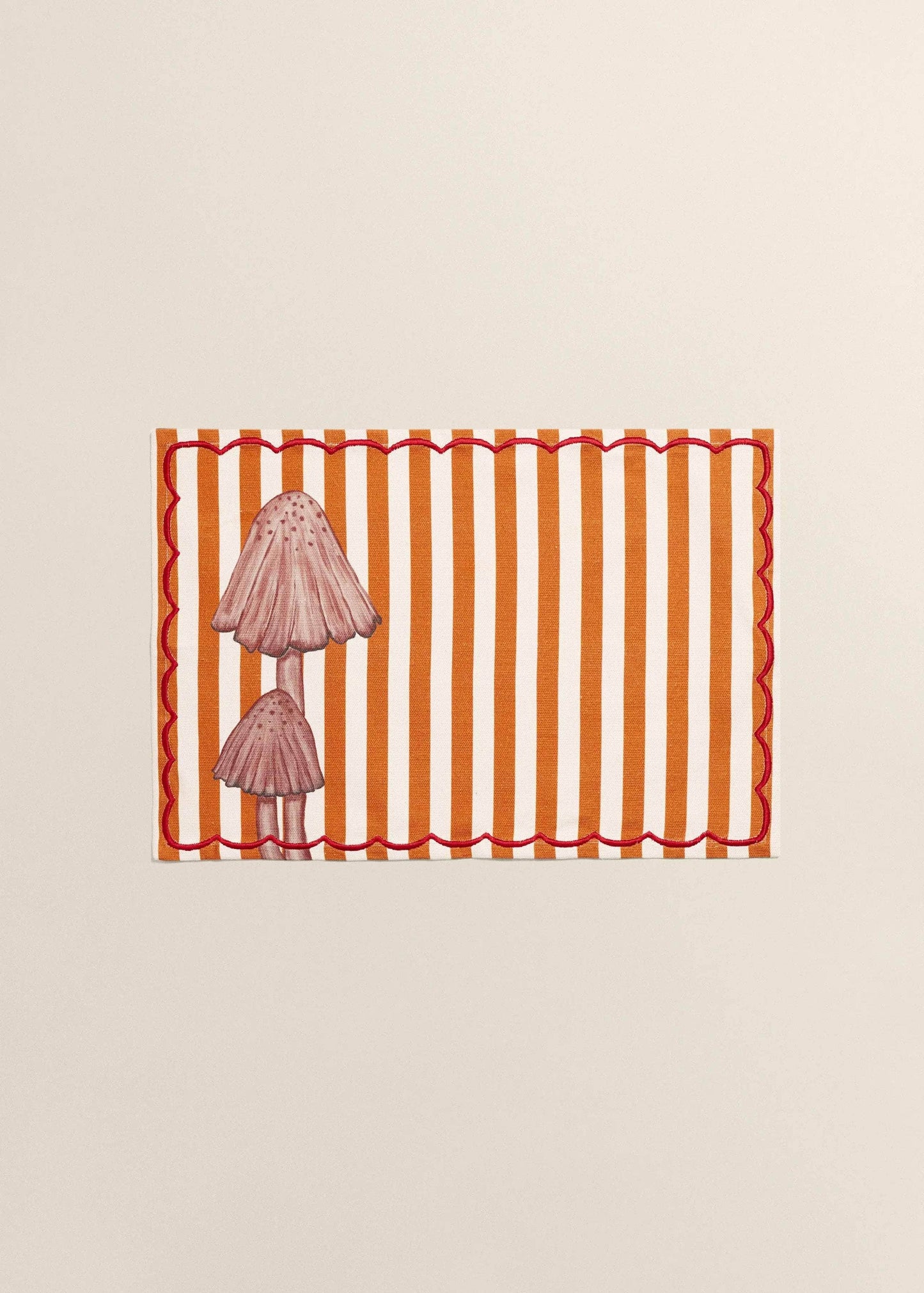Orange Striped Mushroom Cotton Placemat With Red Embroidery