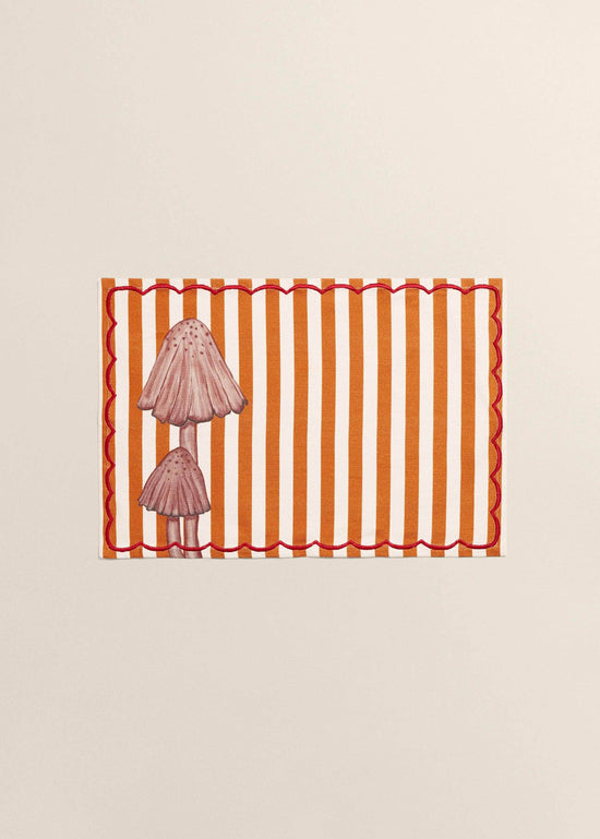 Orange Striped Mushroom Cotton Placemat With Red Embroidery