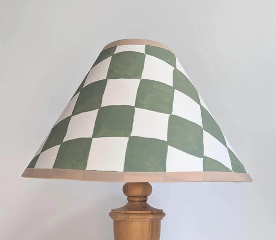 A Pair of Green & Cream Checkerboard Hand Painted Lampshades