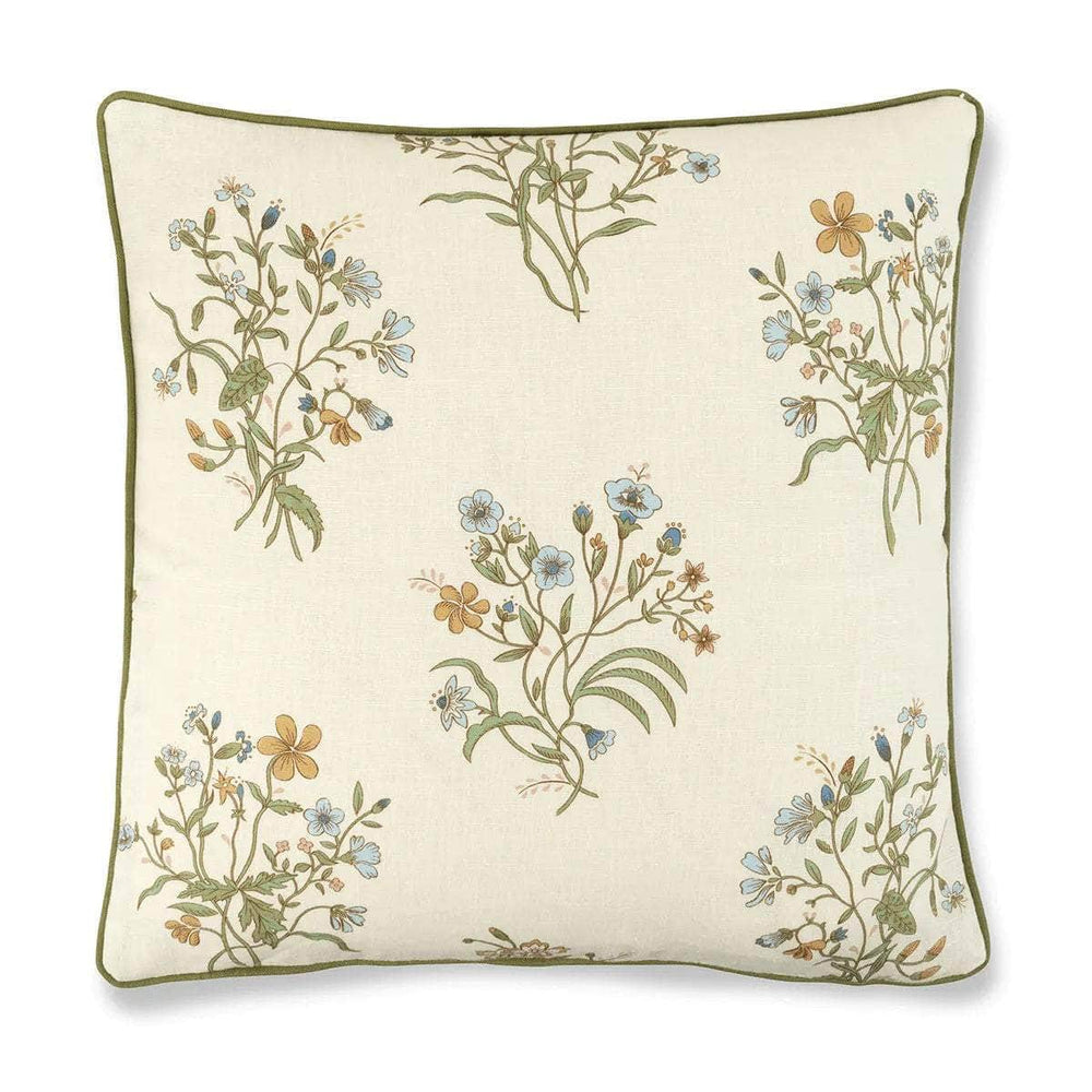 Flax & Field Flower Cushion with Contrast Reverse and Fern Green Trim