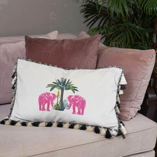 Velvet Malabar Elephant Print Ivory Cushion with Tassels