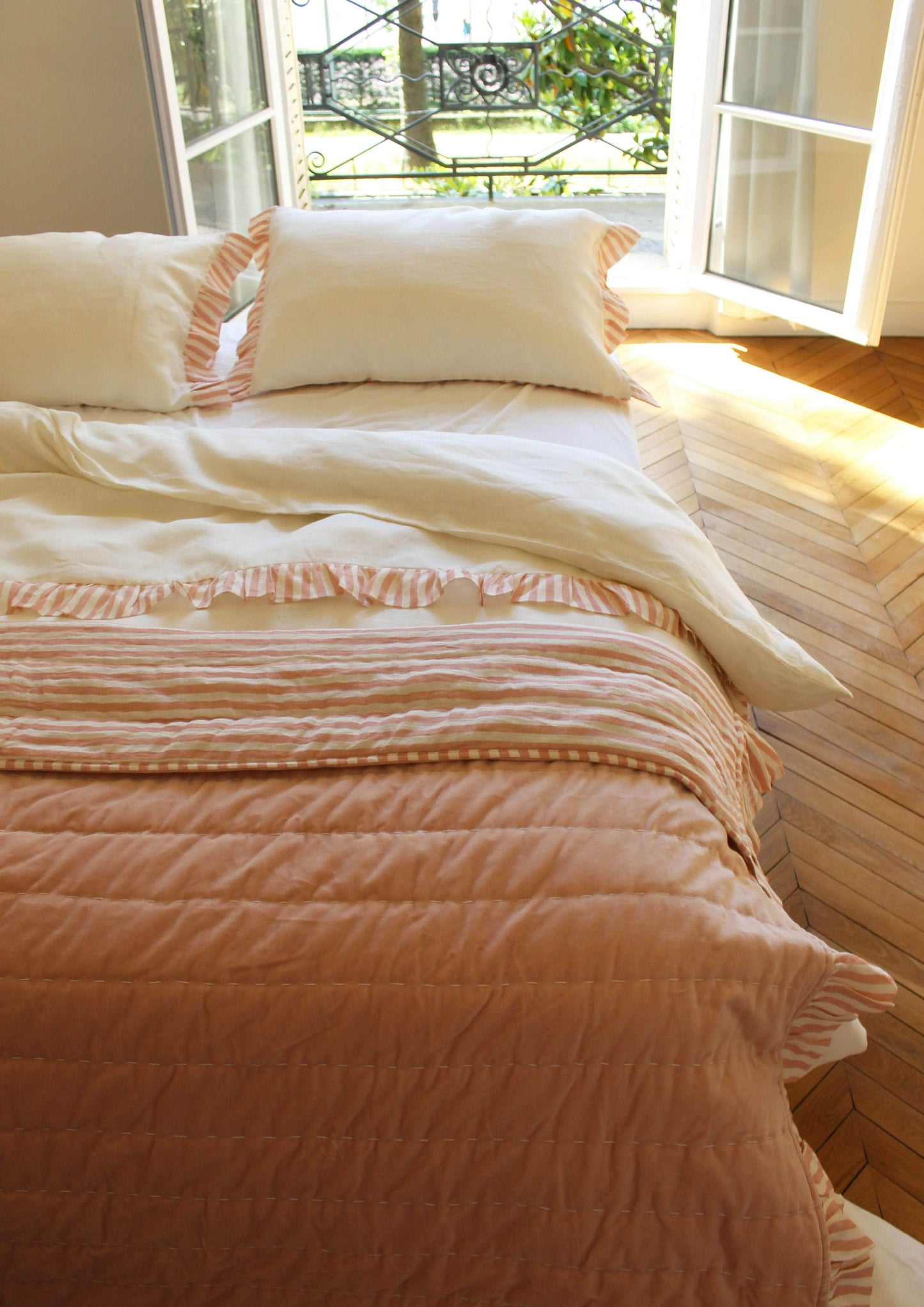Blush Candy Stripe Linen and Velvet Quilt