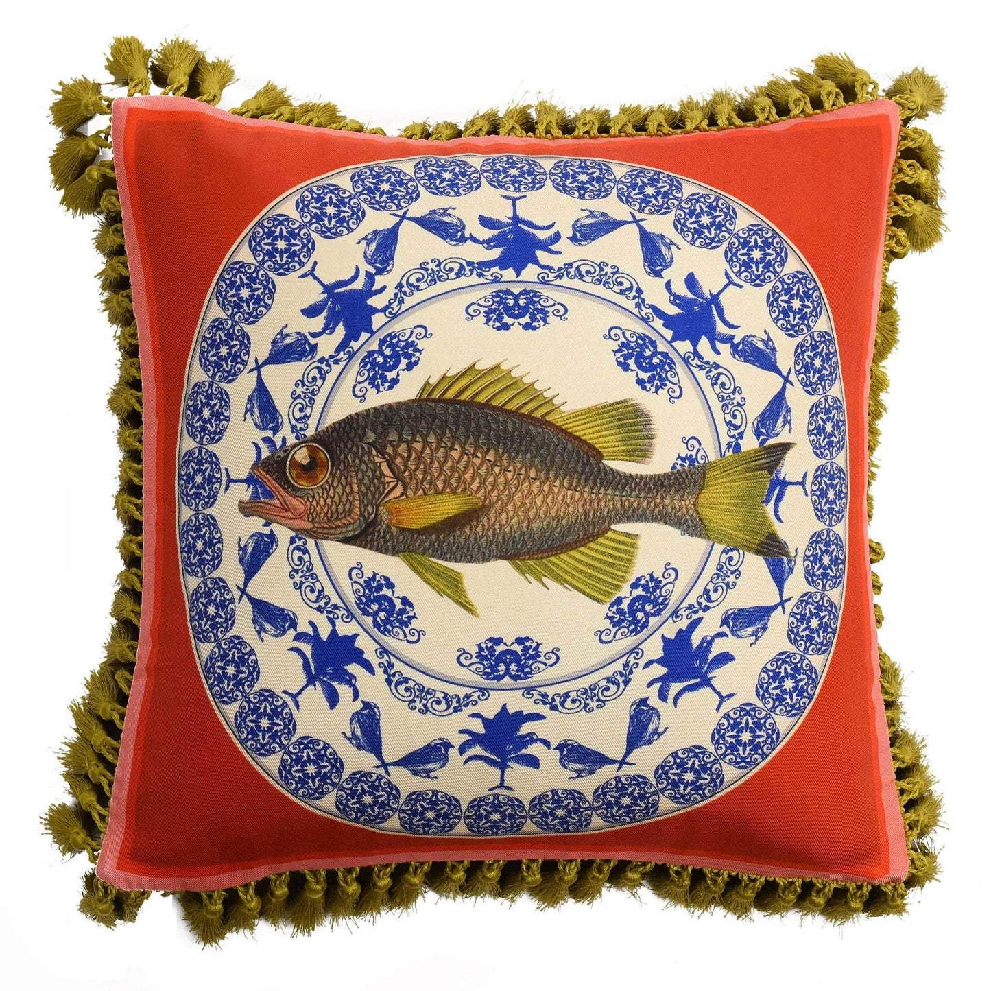 Silk Twill and Velvet Hedon Fish Print Tasselled Cushion