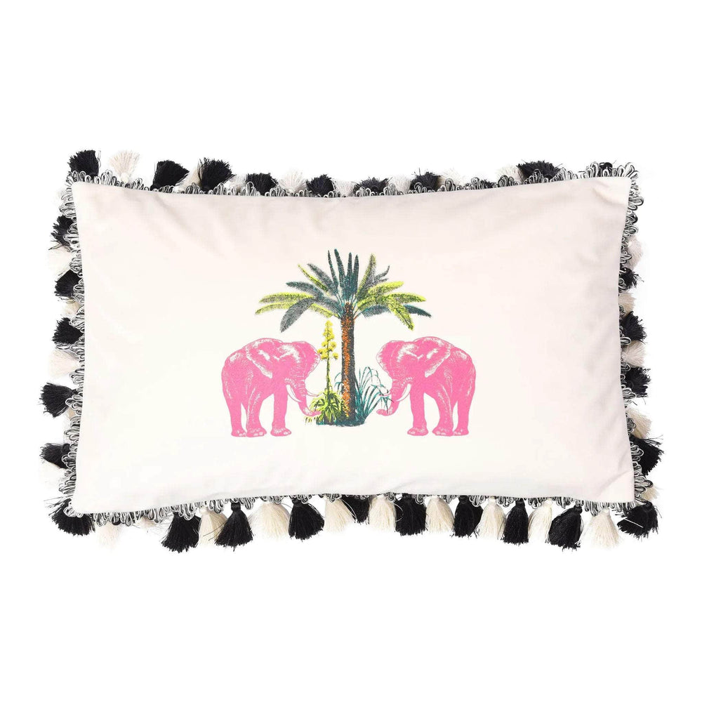 Velvet Malabar Elephant Print Ivory Cushion with Tassels