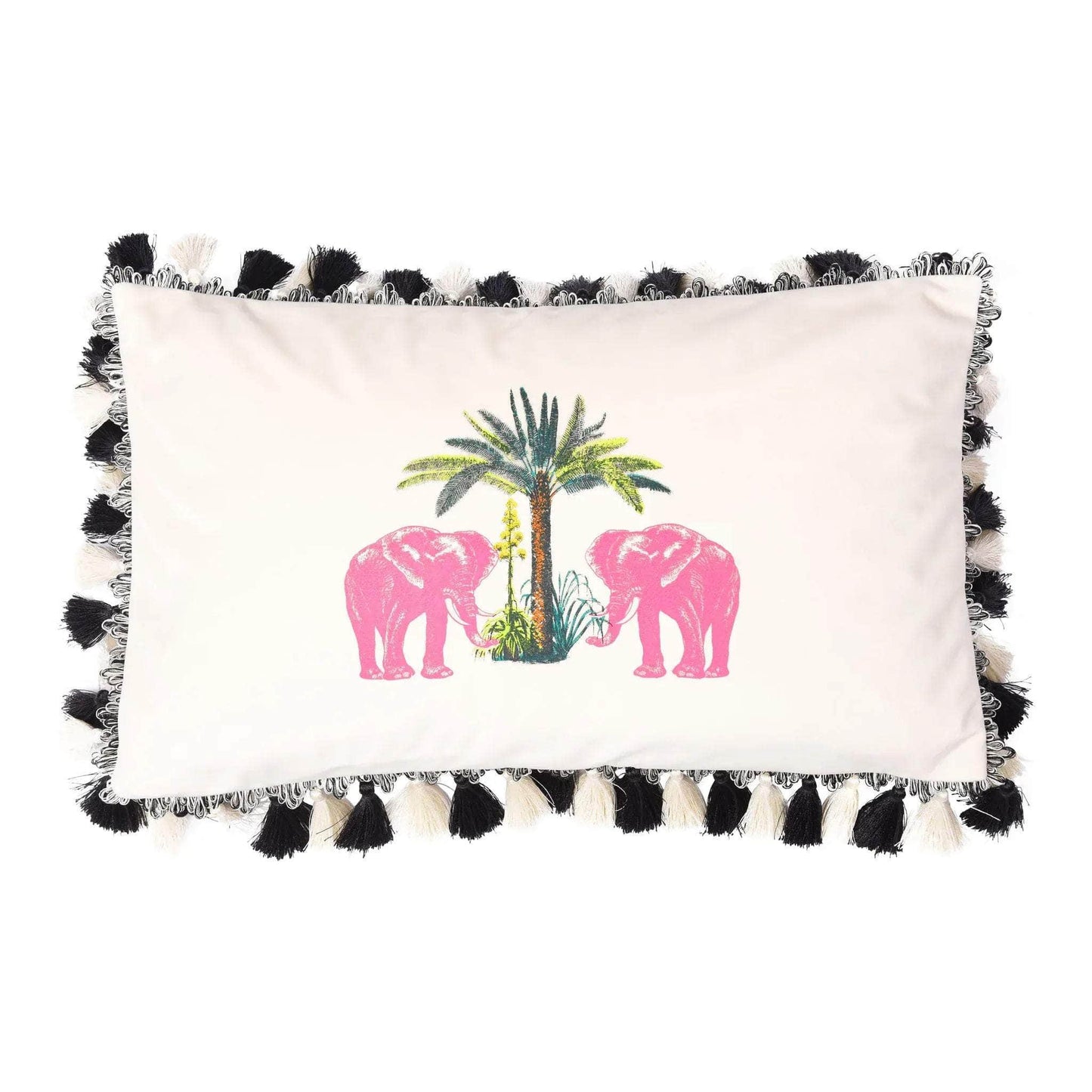 Velvet Malabar Elephant Print Ivory Cushion with Tassels