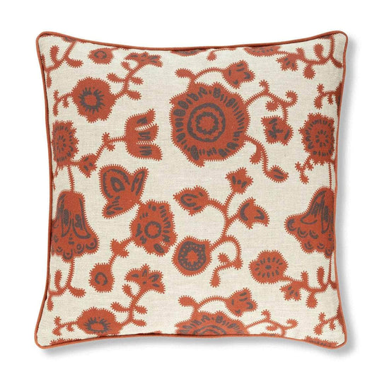 Persian Poppy Print Cushion in Red with Terracotta/Natural Narrow Stripe and Terracotta Trim