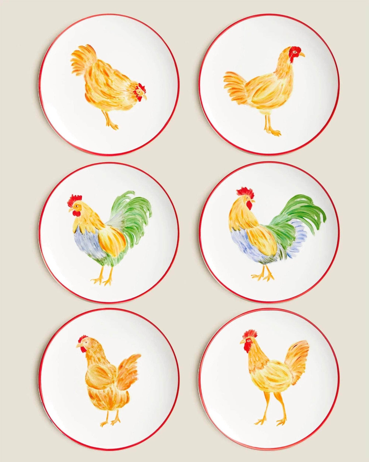 Hand Painted Porcelain Rooster Set of 6 Plates