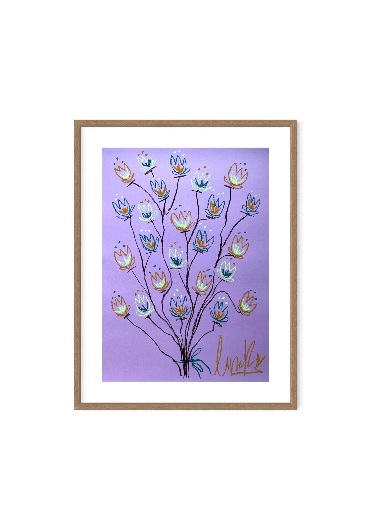 Brown and light green flowers on lavendel background  | Original painting 50x70cm